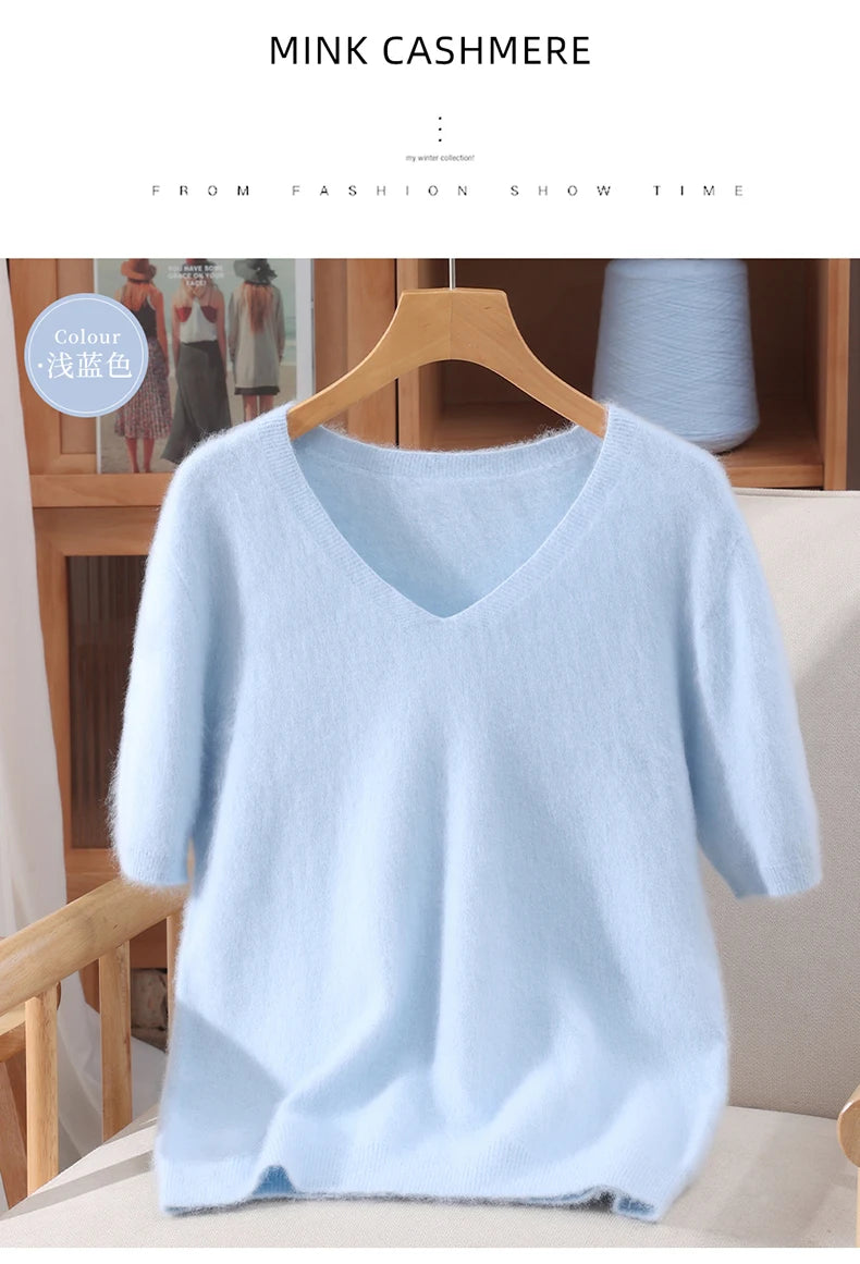 Women's 100% pure mink cashmere V-neck sweater T-shirt solid color knitted fashionable versatile short sleeved pullover sweater