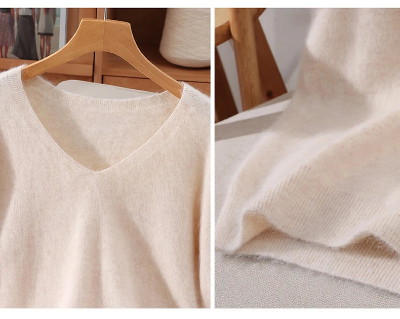 Women's 100% pure mink cashmere V-neck sweater T-shirt solid color knitted fashionable versatile short sleeved pullover sweater