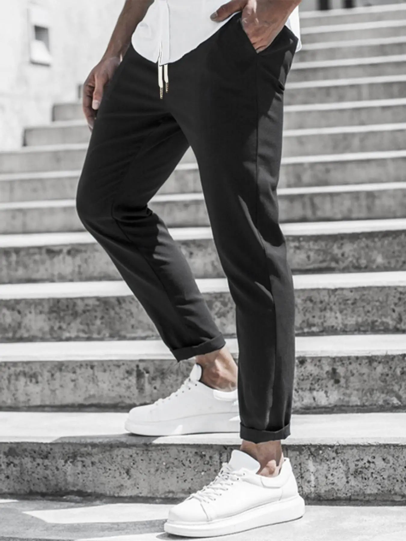 Men's Solid Color Casual Pants with Drawstring Waist Regular Fit Comfy Trousers with Pockets for Spring And Fall