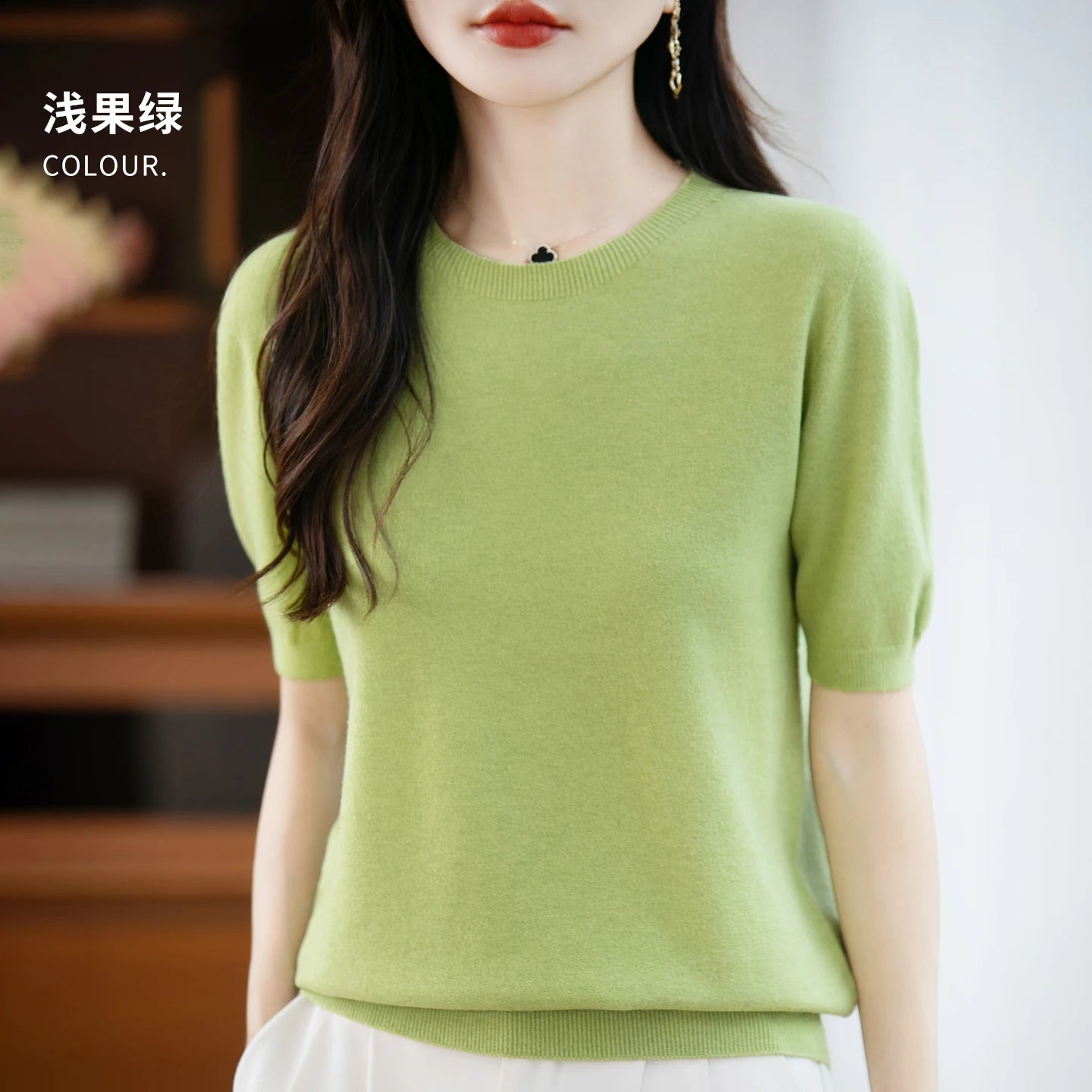 Fall/winter women's O-neck basic warm casual pullover fashion short sleeve 100% wool 22-color knitted sweater.