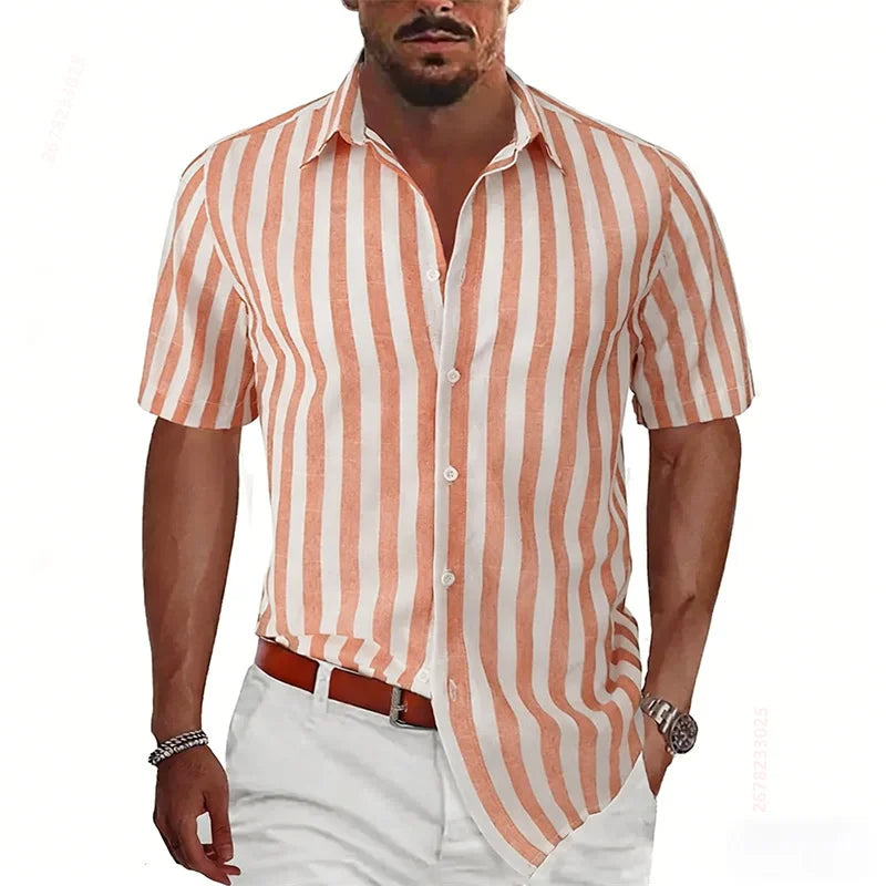 2026 Summer New Men's Striped Short-Sleeve Shirt, Multiple Colors Available, Outdoor Streetwear Casual Fashion Men's Top, XS-6XL