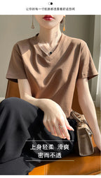 Summer V-neck 100% Cotton Short-Sleeved T-Shirt Women's Loose Mercerized Cotton Half-Sleeve Bottoming Shirt White High-end Top