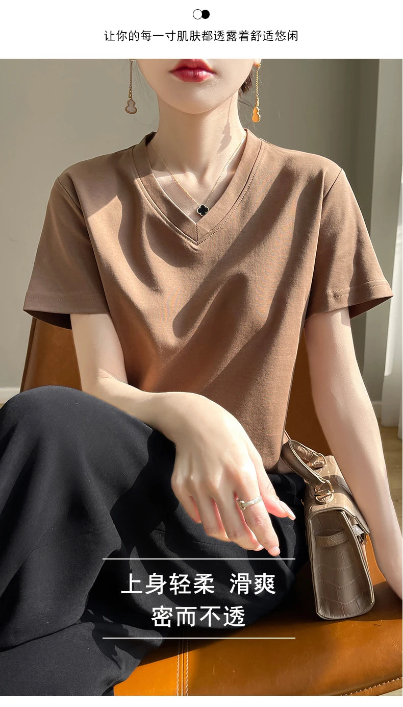 Summer V-neck 100% Cotton Short-Sleeved T-Shirt Women's Loose Mercerized Cotton Half-Sleeve Bottoming Shirt White High-end Top