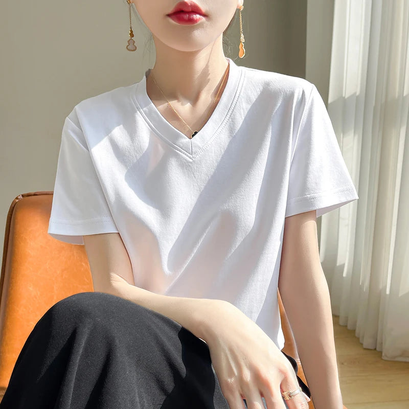 Summer V-neck 100% Cotton Short-Sleeved T-Shirt Women's Loose Mercerized Cotton Half-Sleeve Bottoming Shirt White High-end Top