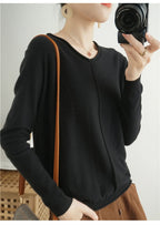 2023 Autumn/Winter Women's New Pullover Casual Solid 100% Cotton Knitted V-Neck Loose Sweater Fashion Soft Breathable Top