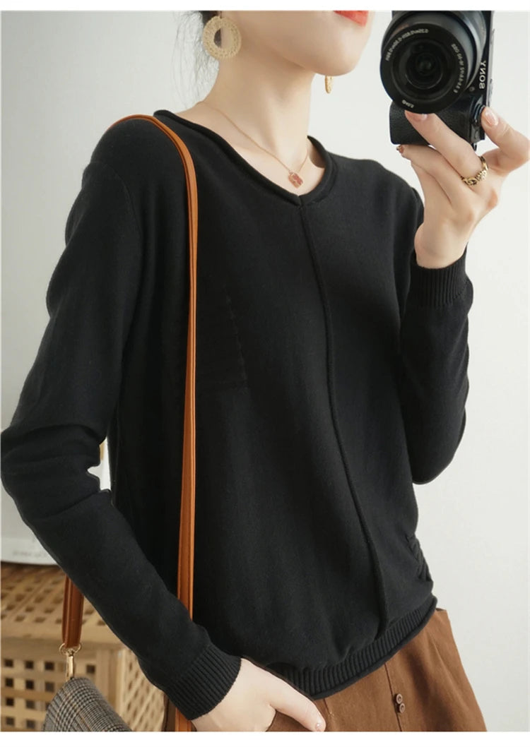 2023 Autumn/Winter Women's New Pullover Casual Solid 100% Cotton Knitted V-Neck Loose Sweater Fashion Soft Breathable Top