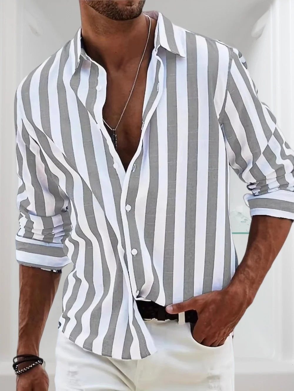 New Selected Men's Spring and Summer Retro Striped Shirts Long Sleeved Single Breasted Button Tops Trendy Casual Men's Clothing