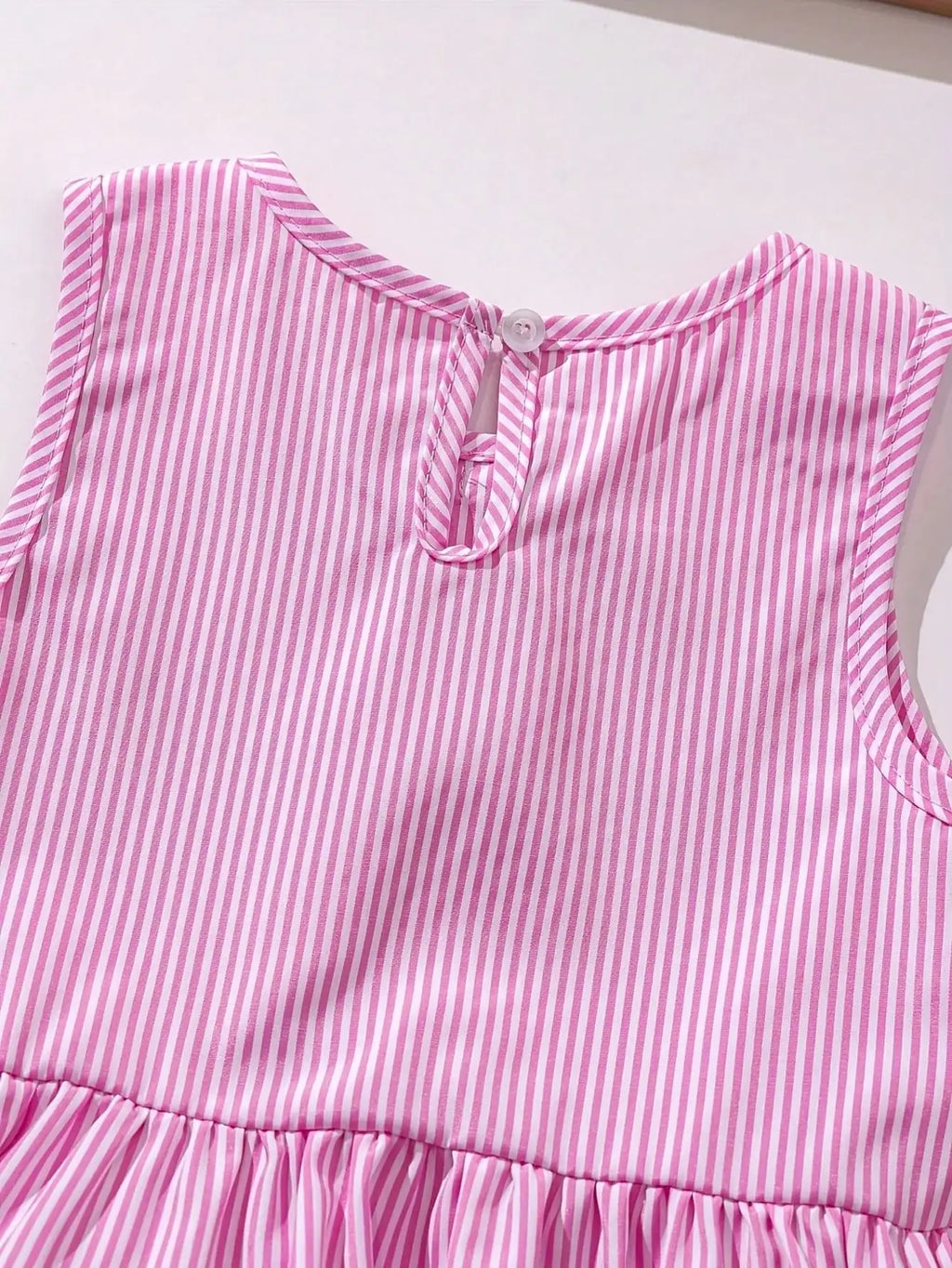 Fashion girl pink and white striped round neck lace up bow ruffle edge+pink striped side butterfly shorts two-piece set