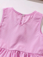 Fashion girl pink and white striped round neck lace up bow ruffle edge+pink striped side butterfly shorts two-piece set