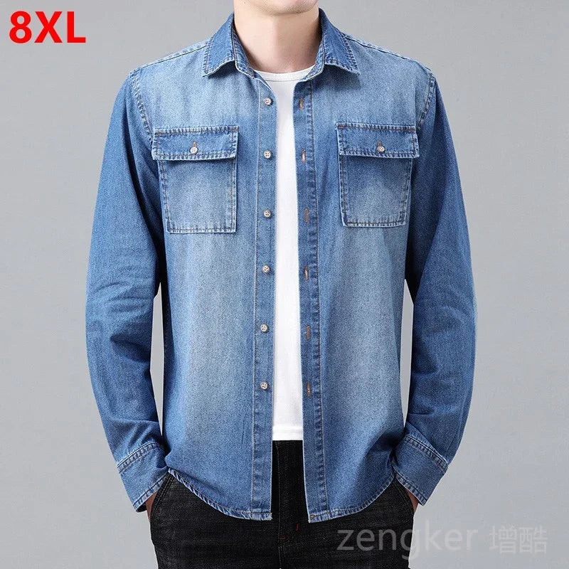 New denim shirt jacket men's casual loose plus size cowboy shirt spring autumn hundred with the tide shirts for men 8XL 7XL