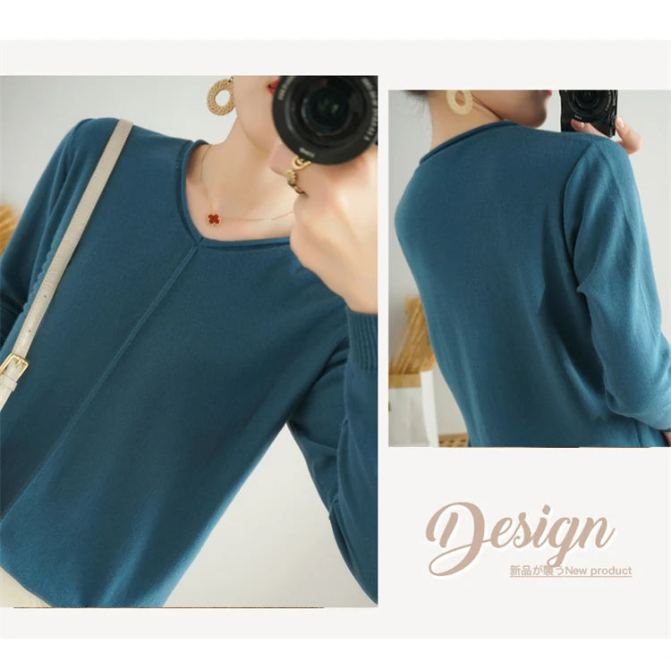 2023 Autumn/Winter Women's New Pullover Casual Solid 100% Cotton Knitted V-Neck Loose Sweater Fashion Soft Breathable Top