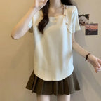 Women Plus Size Square Neck Ice Silk Irregular Hem Short Sleeve T Shirt Loose Slimming Casual Summer Top