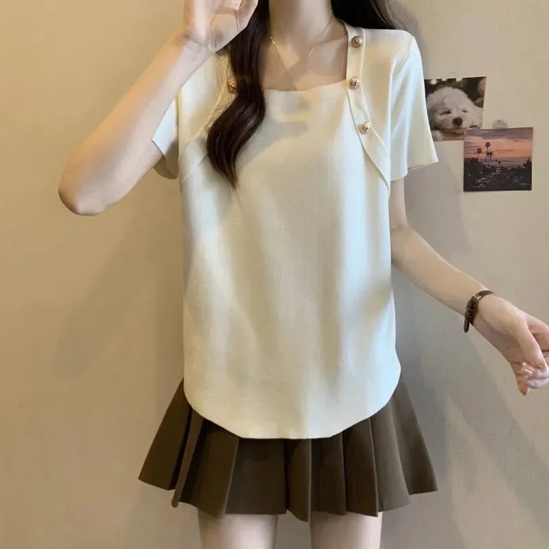 Women Plus Size Square Neck Ice Silk Irregular Hem Short Sleeve T Shirt Loose Slimming Casual Summer Top