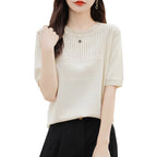 Women Sweater Short Sleeve Spring Summer O-neck Bottoming Shirts Casual Korean Knitted Pullovers Solid Loose Hollow Out Jumpers