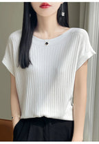 Summer Thin Ice Silk Knitted Loose T-Shirt Women's Short Sleeve Versatile Top Breathable Cool Feeling Pure Color Basic Fit
