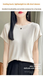 Summer Thin Ice Silk Knitted Loose T-Shirt Women's Short Sleeve Versatile Top Breathable Cool Feeling Pure Color Basic Fit