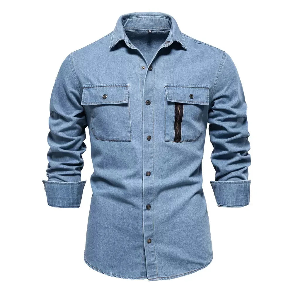 Autumn and Spring New Trend American Vintage Pure Cotton Long Sleeve Denim Shirt Men's Loose Sports Plus Size High-End Shirt