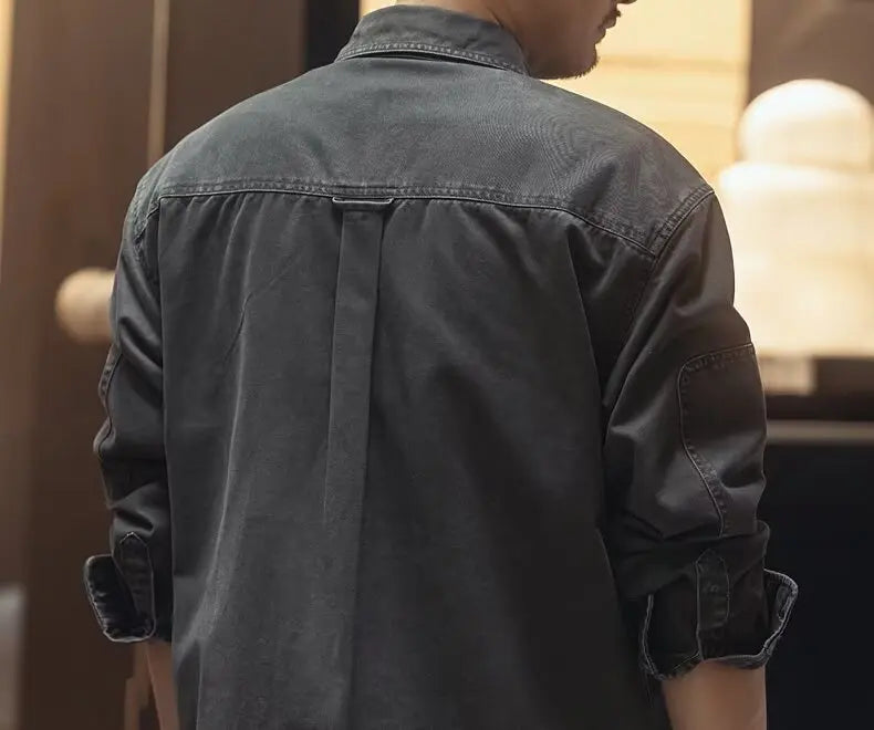 Retro American Workwear Long Sleeve Men's Denim Shirt Jacket Autumn Loose Hunting Style Casual Fashion Outerwear Coat