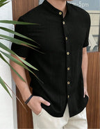 Men Loose Knit Solid Color Casual Short Sleeve Shirt