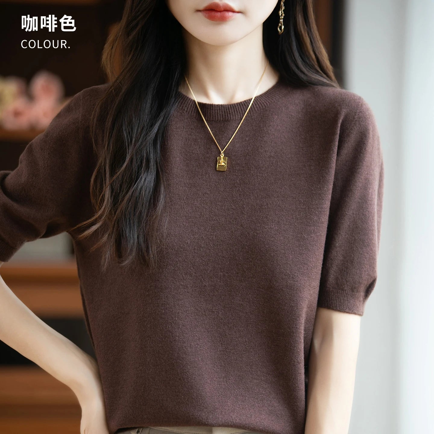 Fall/winter women's O-neck basic warm casual pullover fashion short sleeve 100% wool 22-color knitted sweater.