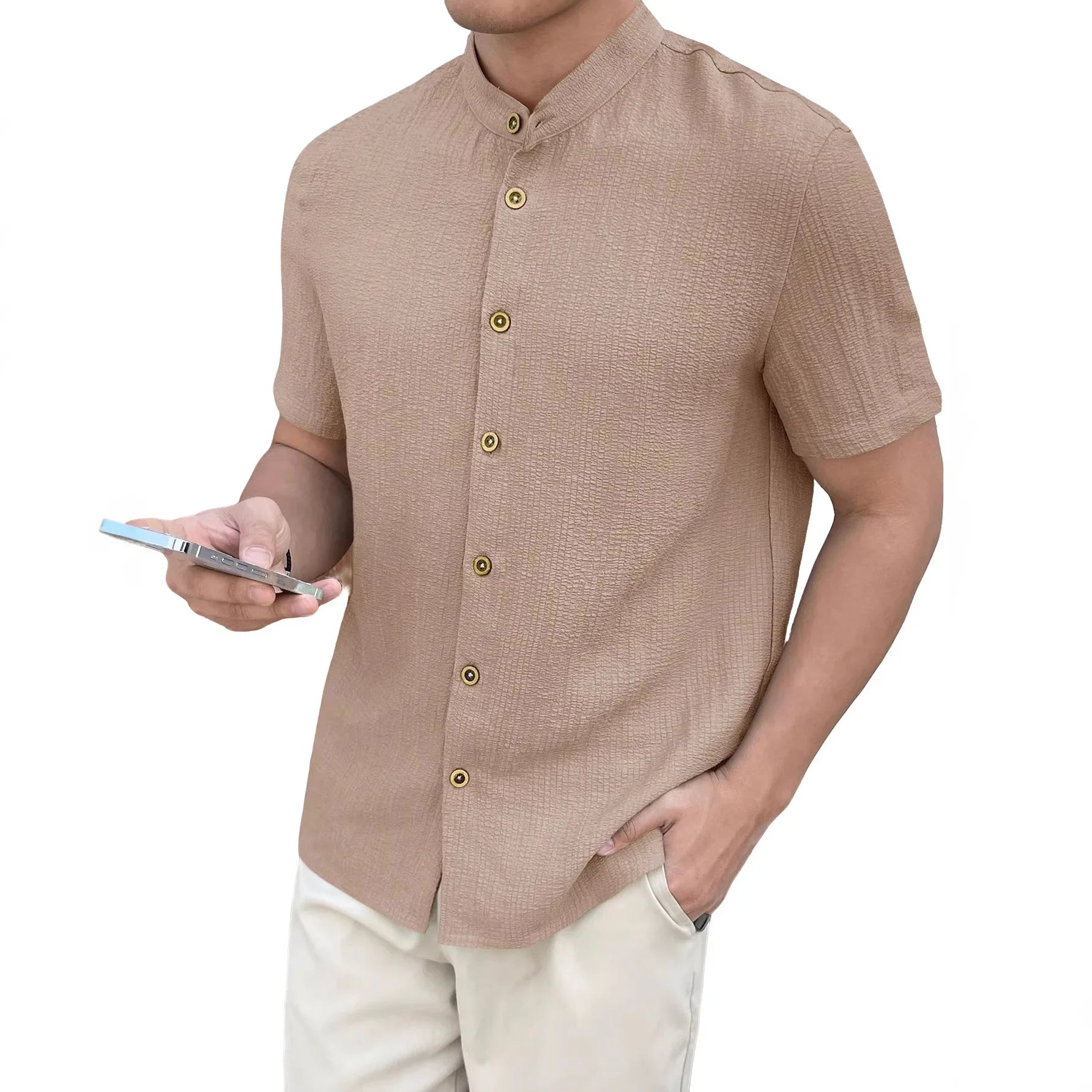 Casual Summer Shirt Men's Stand Collar Short Sleeve Light Maturity Leisure T-Shirt Open Cardigan Polyester Quick Dry Anti-Def...