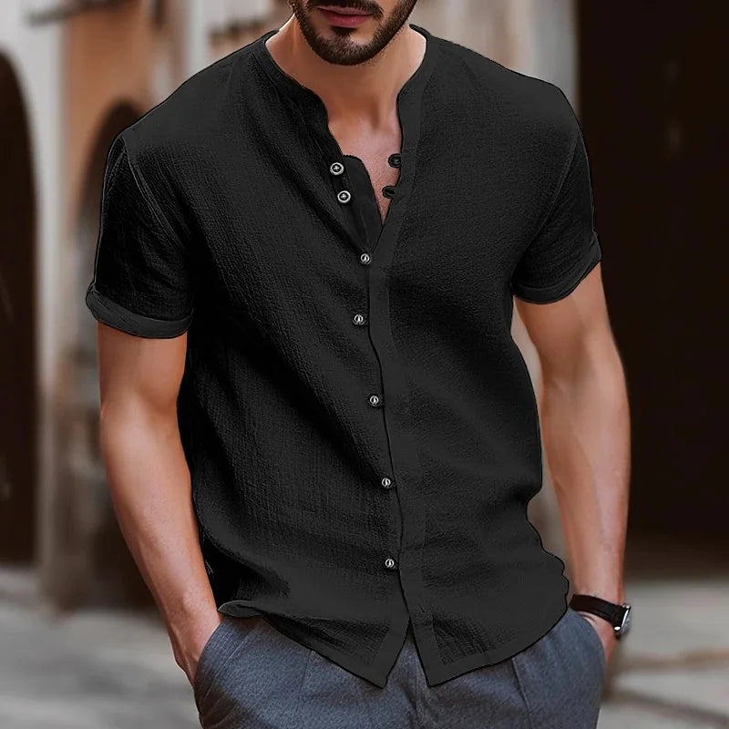 2026 Fashion Men's New Short-Sleeved T-Shirt Fashion Men's Retro Buttoned Cotton-Linen Casual Short-Sleeved Shirt