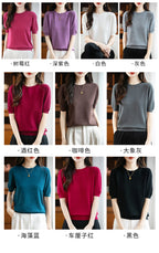 Fall/winter women's O-neck basic warm casual pullover fashion short sleeve 100% wool 22-color knitted sweater.