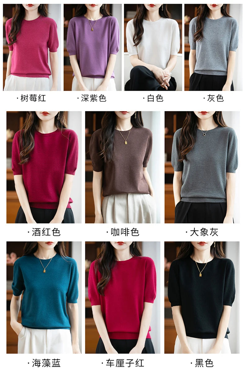 Fall/winter women's O-neck basic warm casual pullover fashion short sleeve 100% wool 22-color knitted sweater.