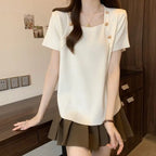 Women Plus Size Square Neck Ice Silk Irregular Hem Short Sleeve T Shirt Loose Slimming Casual Summer Top