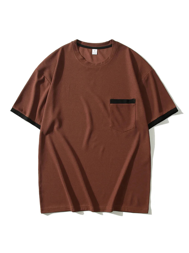 summer Casual breathable Men Tops Patchwork pocket sports pullover Textured Male Loose round collar short sleeve men T-shirts