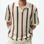 New American Chic Hollow Out Male Polo Shirts Trendy Striped Knitted V Neck Short Sleeve T-shirt High Street Breathable Knitwear