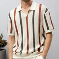 New American Chic Hollow Out Male Polo Shirts Trendy Striped Knitted V Neck Short Sleeve T-shirt High Street Breathable Knitwear