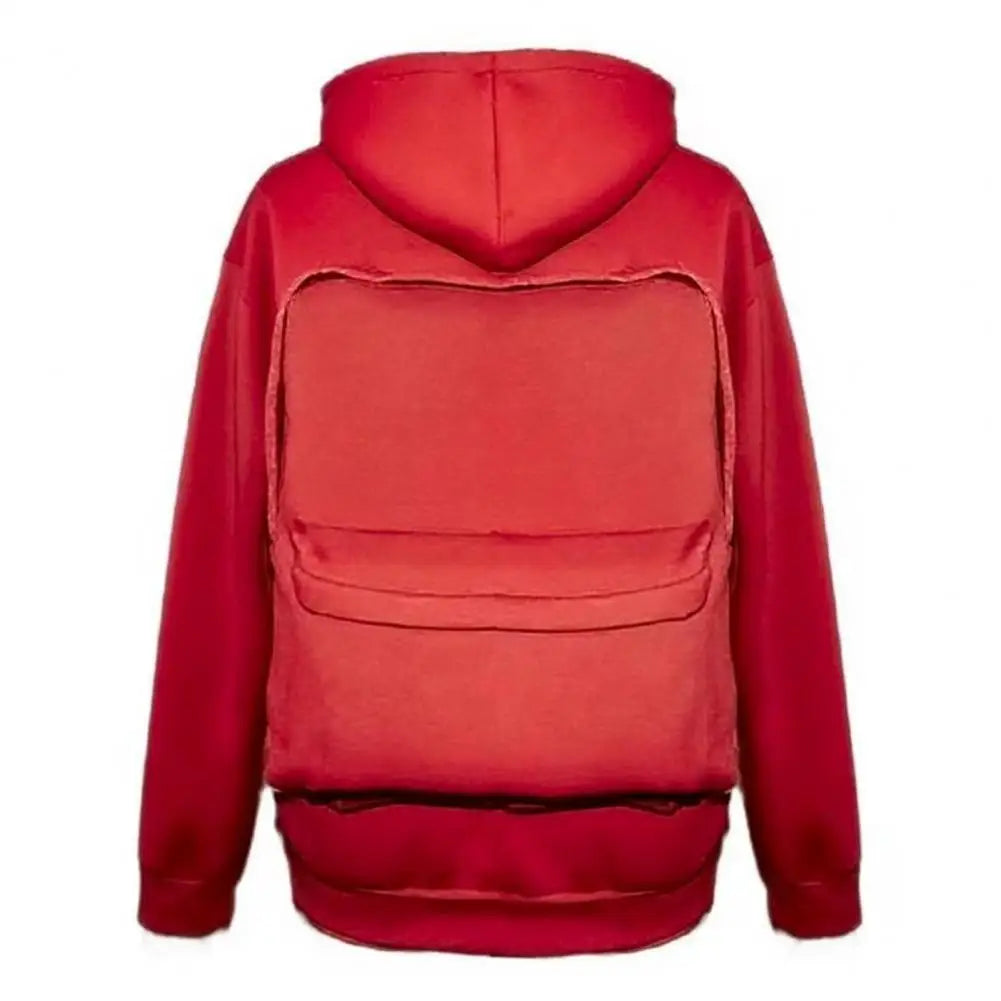 Men Backpack Sweatshirt Coat Long Sleeve Zipper Closure Hoodie with Schoolbag Design Solid Color Loose Fit Outerwear