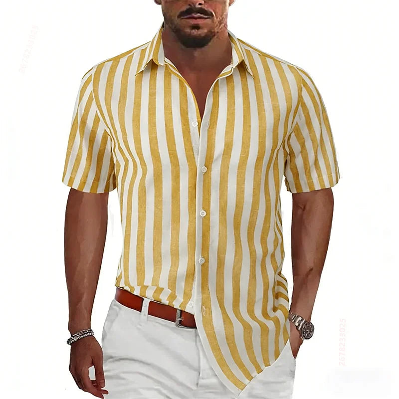 2026 Summer New Men's Striped Short-Sleeve Shirt, Multiple Colors Available, Outdoor Streetwear Casual Fashion Men's Top, XS-6XL