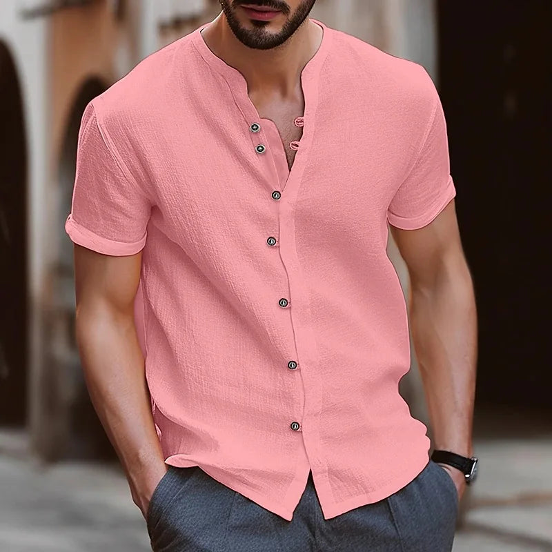 2026 Fashion Men's New Short-Sleeved T-Shirt Fashion Men's Retro Buttoned Cotton-Linen Casual Short-Sleeved Shirt