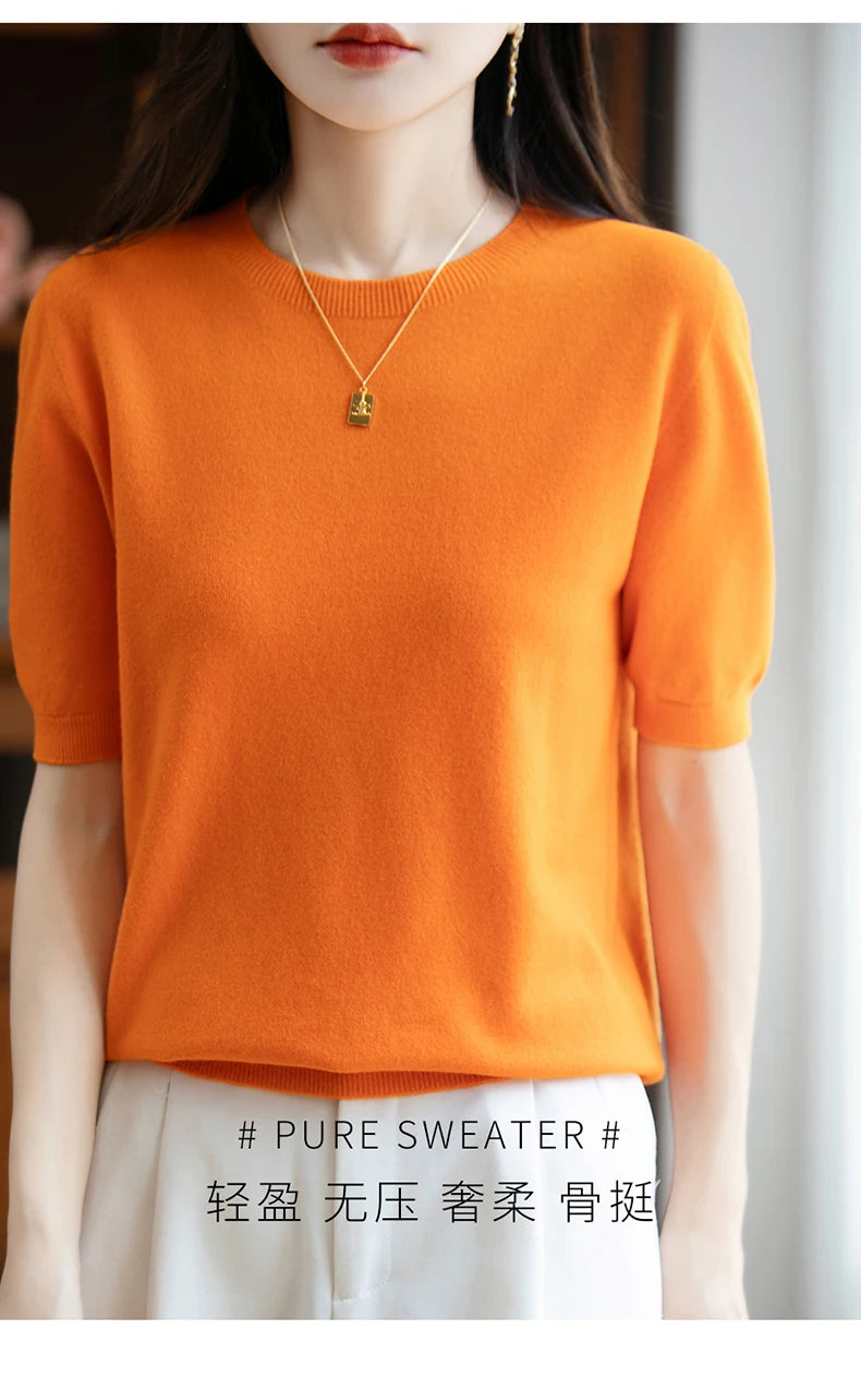 Fall/winter women's O-neck basic warm casual pullover fashion short sleeve 100% wool 22-color knitted sweater.
