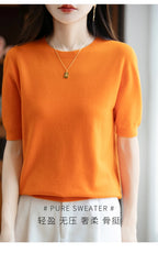 Fall/winter women's O-neck basic warm casual pullover fashion short sleeve 100% wool 22-color knitted sweater.