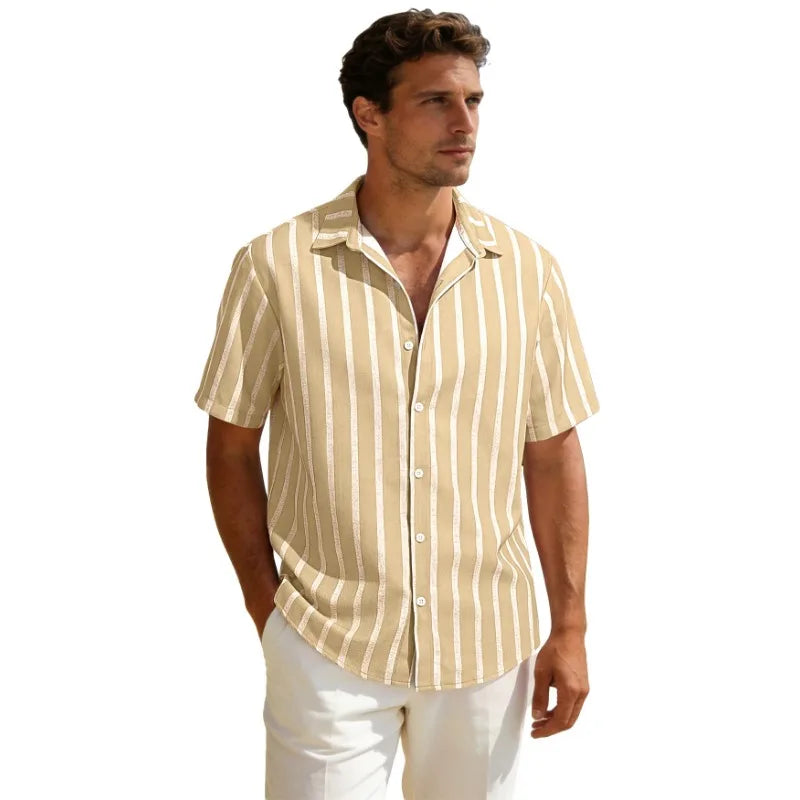 Summer new men's striped short sleeved shirt, men's casual versatile loose short sleeved shirt