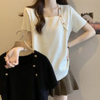 Women Plus Size Square Neck Ice Silk Irregular Hem Short Sleeve T Shirt Loose Slimming Casual Summer Top