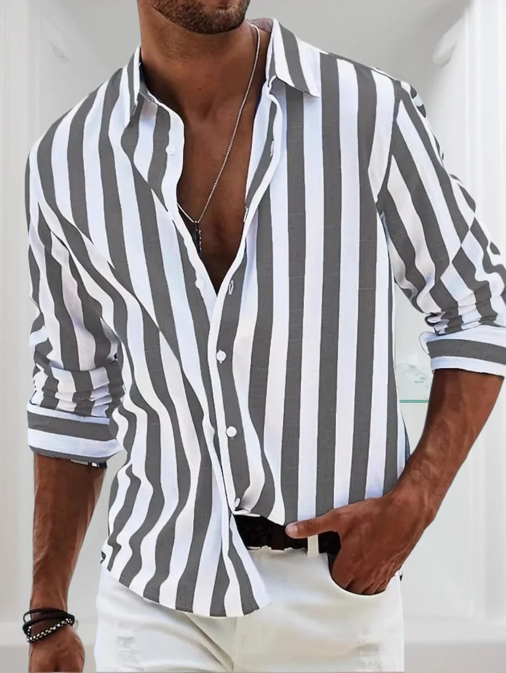 New Selected Men's Spring and Summer Retro Striped Shirts Long Sleeved Single Breasted Button Tops Trendy Casual Men's Clothing