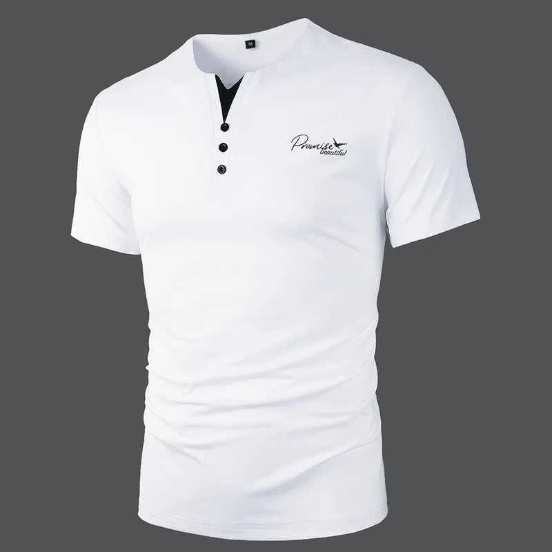 New Casual Short Sleeve Hoodie for Men Polyester Fiber Slim Fit Summer T-Shirt Youth Fashion Basic Solid Color Print Design
