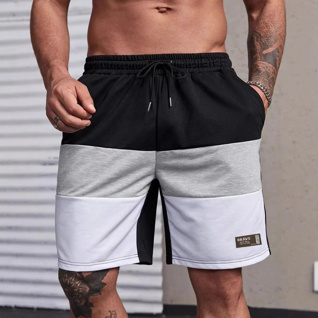 Men's Casual Color Block Short Pants American Loose Straight Leg Five-Quarter Length Summer New Sporty Trendy Polyester Fiber