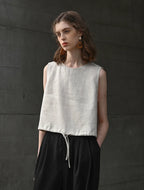100% Linen Tank Top Women 2026 Summer Breathable Short Tops Sleeveless Casual Loose Cotton Linen Drawstring Crop Tops