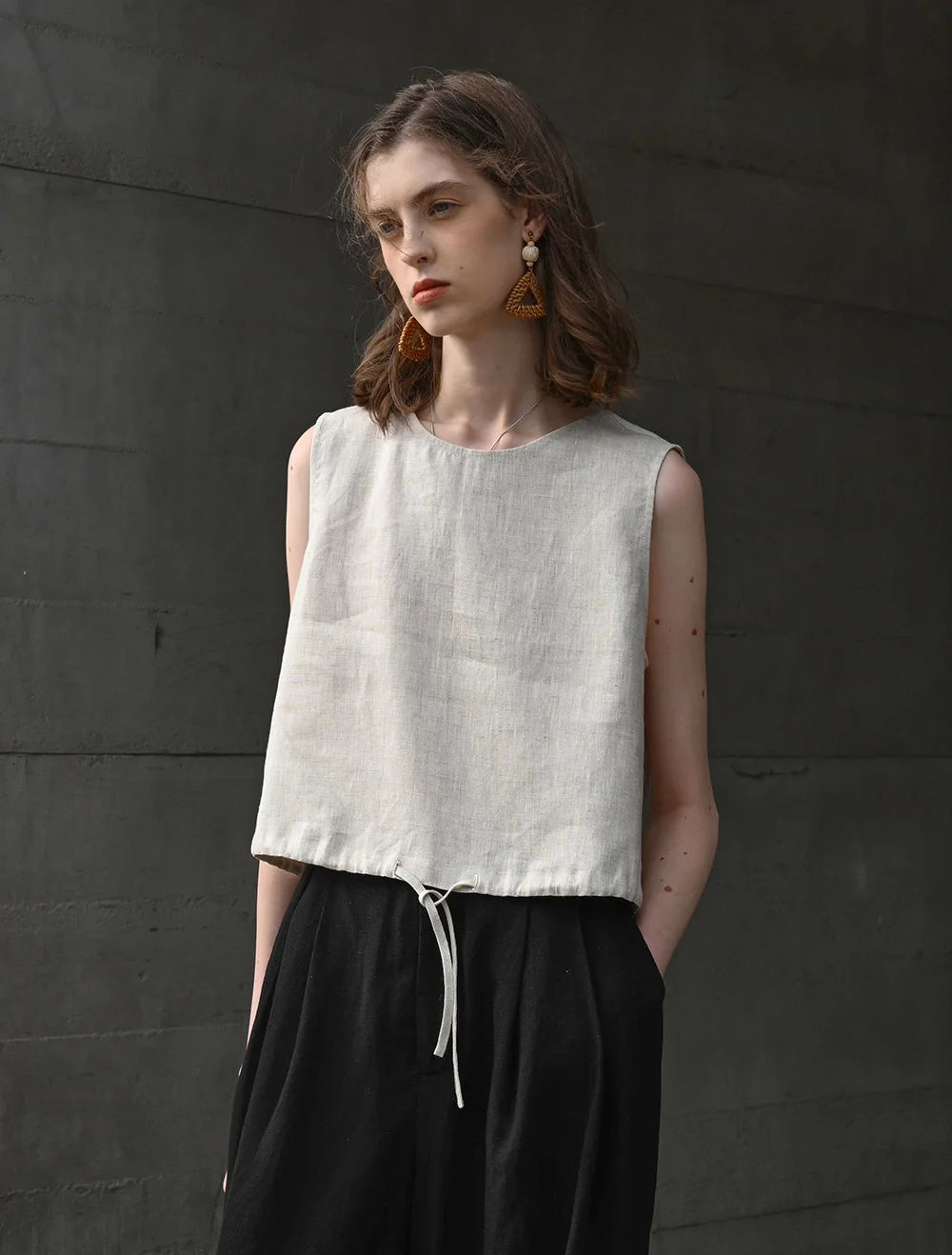 100% Linen Tank Top Women 2026 Summer Breathable Short Tops Sleeveless Casual Loose Cotton Linen Drawstring Crop Tops