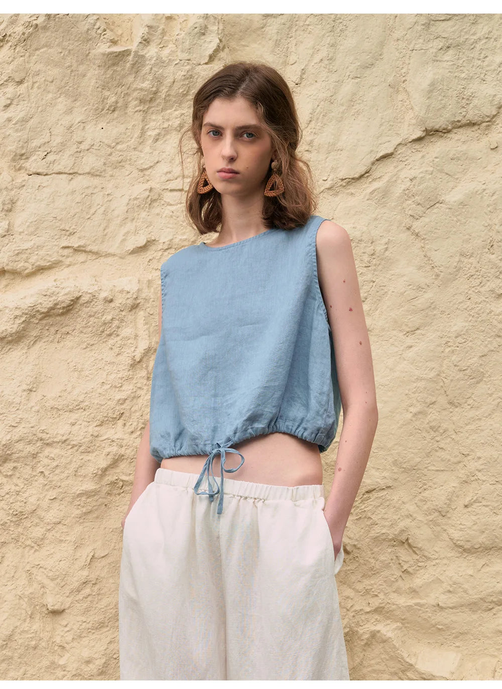 100% Linen Tank Top Women 2026 Summer Breathable Short Tops Sleeveless Casual Loose Cotton Linen Drawstring Crop Tops