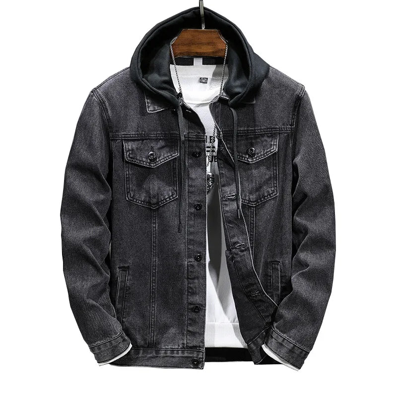 Casual Men's Denim Jacket Spring Autumn American Simple Trendy Hoodie Detachable Breathable Wear Resistant Windproof Sweat AB...