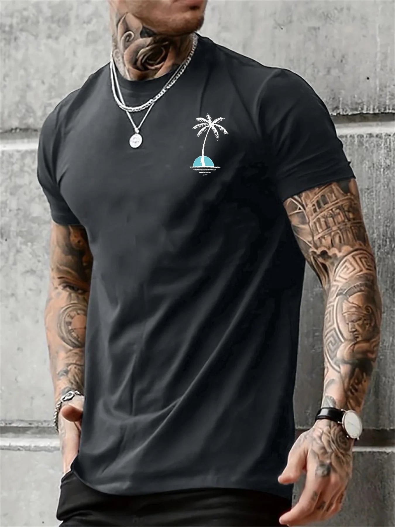 Men's Summer Casual Loose Size 100% Cotton Coconut trees Print Round Neck Short Sleeve T-shirt Top
