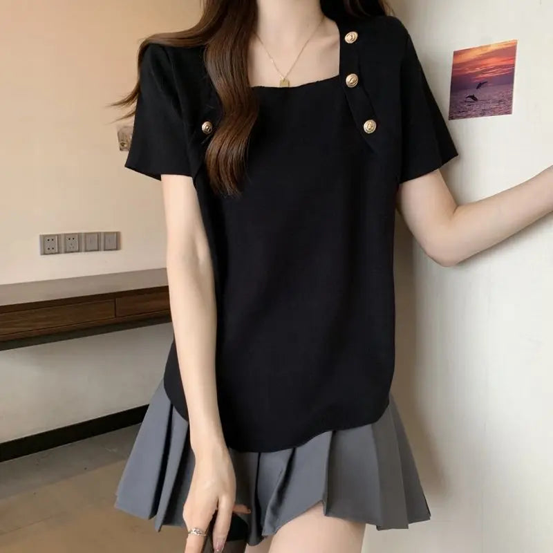 Women Plus Size Square Neck Ice Silk Irregular Hem Short Sleeve T Shirt Loose Slimming Casual Summer Top