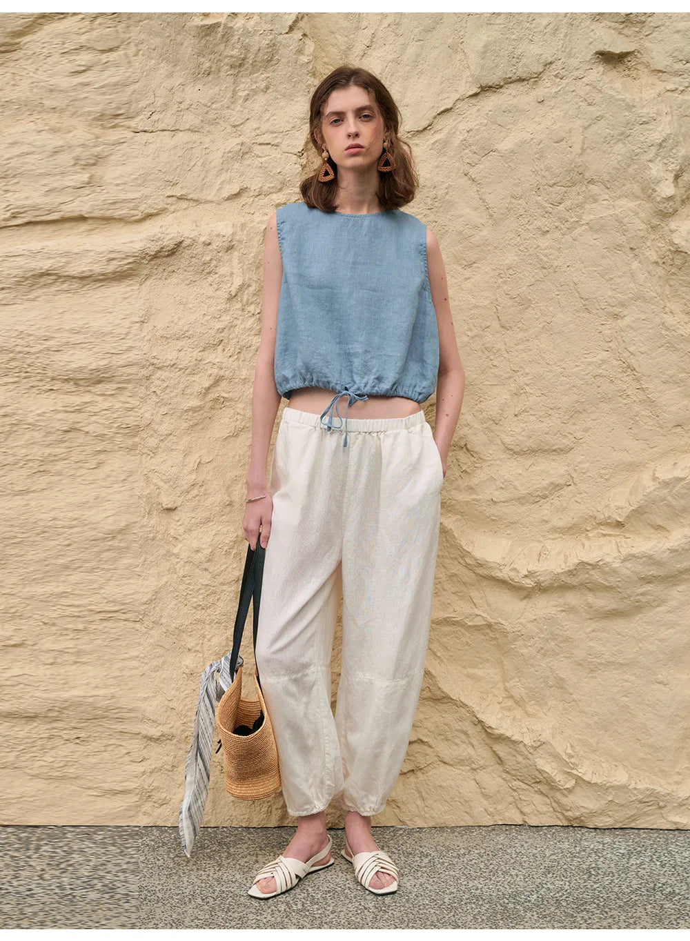 100% Linen Tank Top Women 2026 Summer Breathable Short Tops Sleeveless Casual Loose Cotton Linen Drawstring Crop Tops
