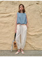 100% Linen Tank Top Women 2026 Summer Breathable Short Tops Sleeveless Casual Loose Cotton Linen Drawstring Crop Tops